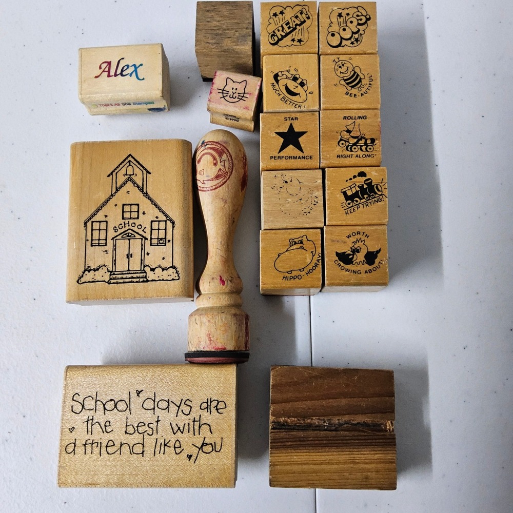 Rubber Stamp Lot Kids Teacher OS Tan School Animals Vintage Wood Block‎